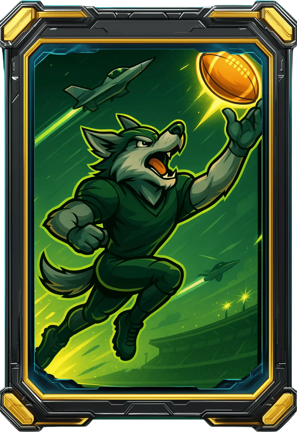 Sky Fang Grab — wolf leaping to catch a glowing football, jet streaks