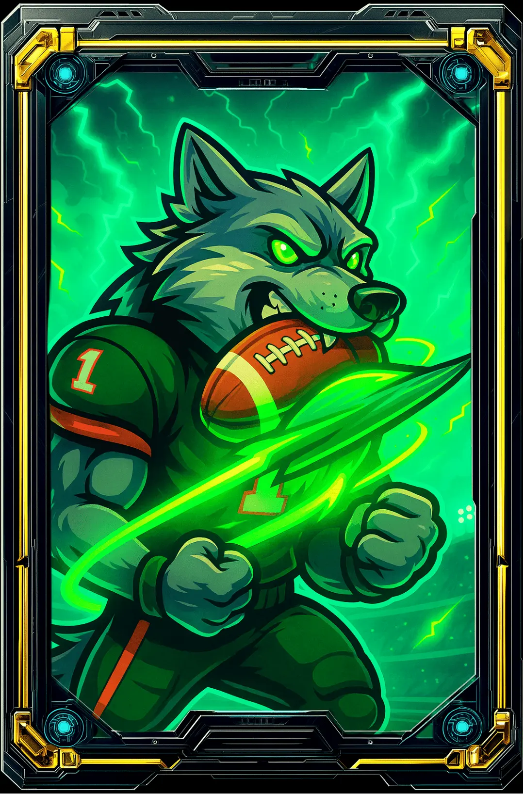Iron Fang Defense — wolf in uniform biting a glowing football with jet contrails, green lightning frame