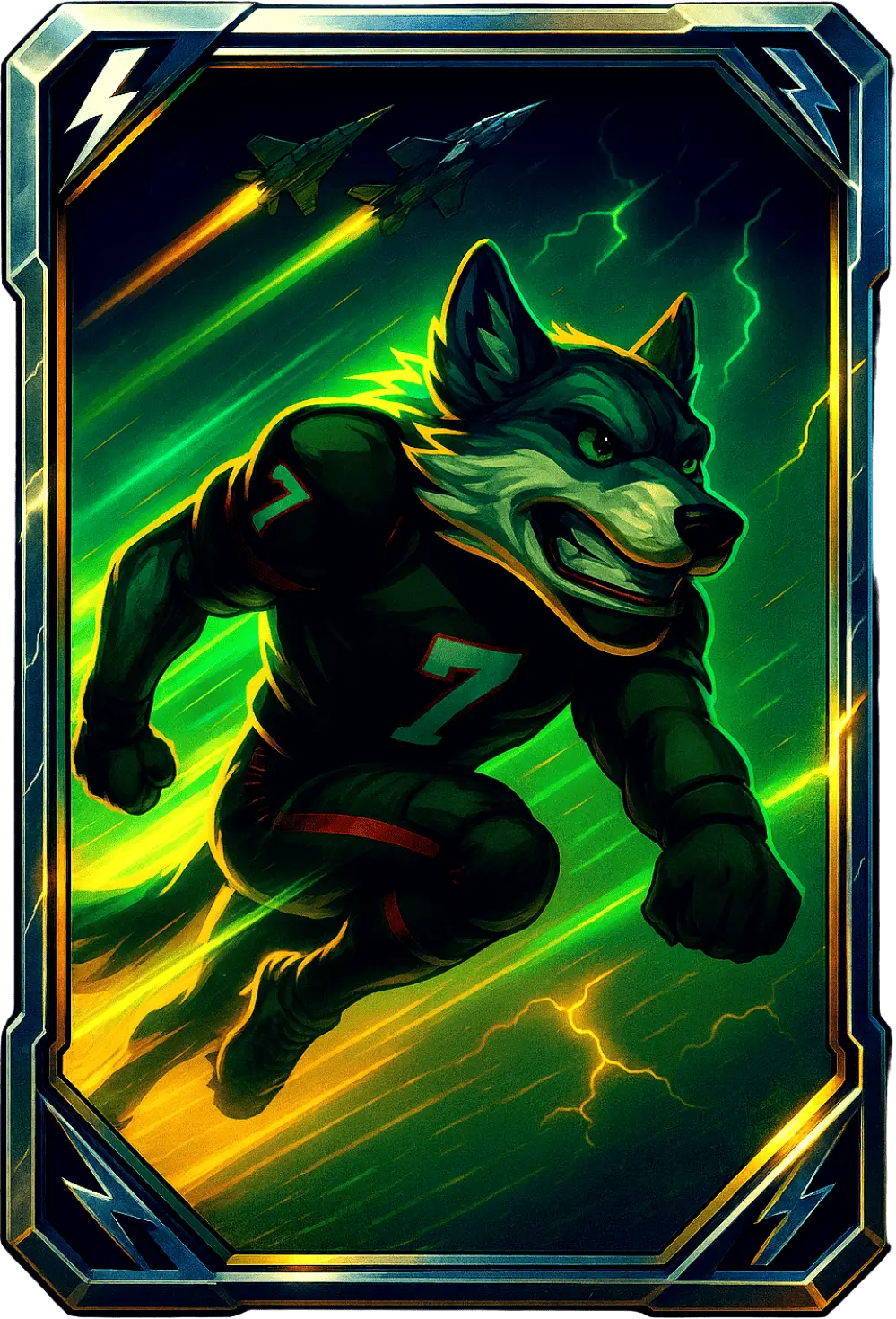 Jetstream Dash — wolf sprinting with jet contrails, chrome border